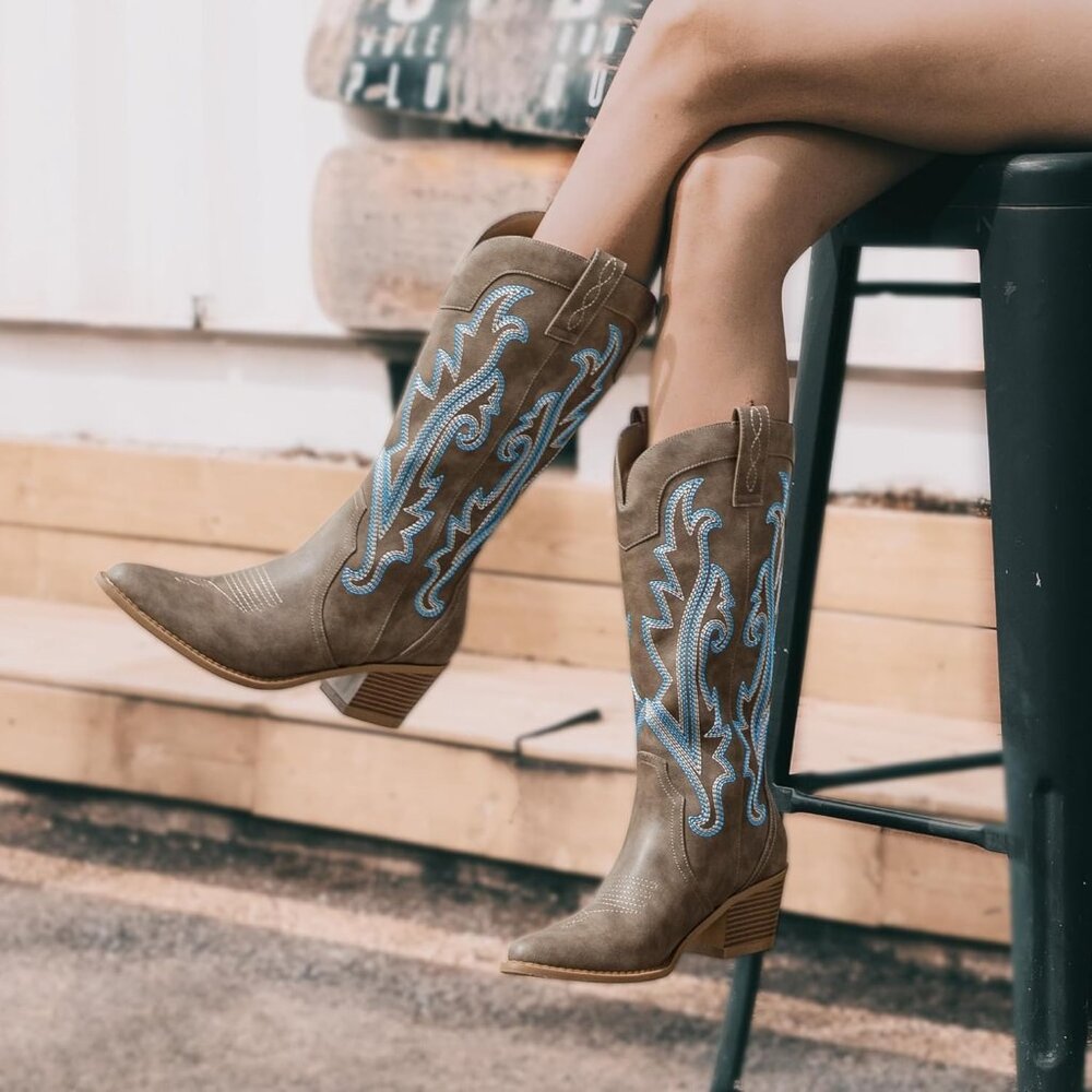 Embroidered Western Cowboy Boots Fashion Pointed Toe Chunky Heel Mid Calf